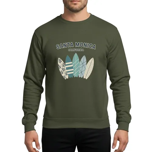 Coastal Style Aficionados Retro Santa Monica California Four Surfboards Illustrative Muted Teal Beige Grey Flat Design Sweatshirt