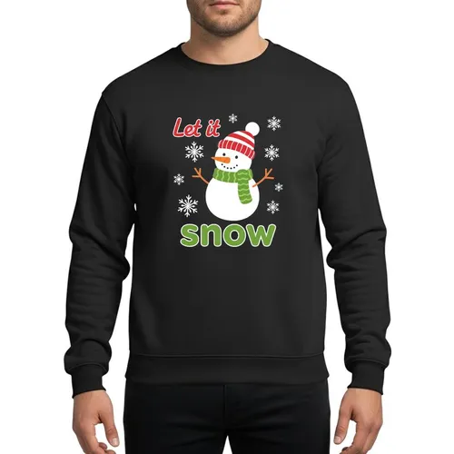 Christmas Celebrators' Cheerful Cartoon Snowman Red Striped Beanie Green Zigzag Scarf "Let It Snow" Snowflakes Sweatshirt