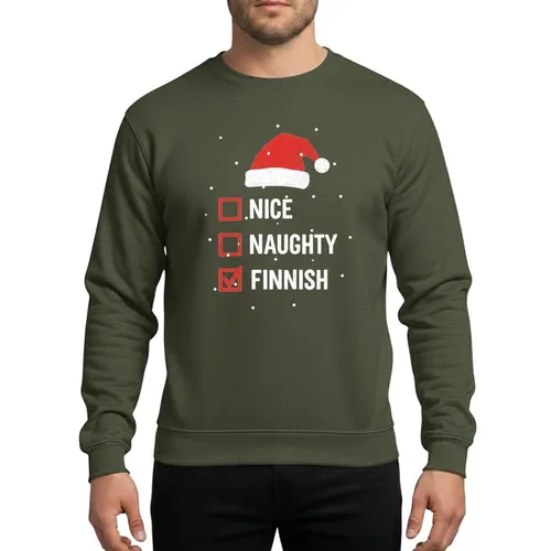 Finnish Heritage Enthusiasts' Hand-drawn Distressed Red White Santa Hat 'NICE NAUGHTY FINNISH' Checklist Design Sweatshirt