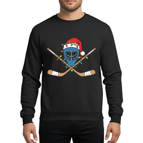 Men's & Boys' Detailed Blue Hockey Goalie Mask with Santa Hat, Crossed Sticks & Colorful Christmas Lights Sweatshirt