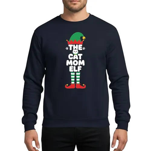 Cat Mom Women's Red Green Elf Figure White Cat 'THE CAT MOM ELF' Holiday Design Sweatshirt