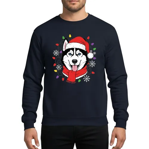 Siberian Husky Fans' Cheerful Blue-Eyed Husky in Red Santa Hat, Scarf, Christmas Lights & Snowflakes Sweatshirt