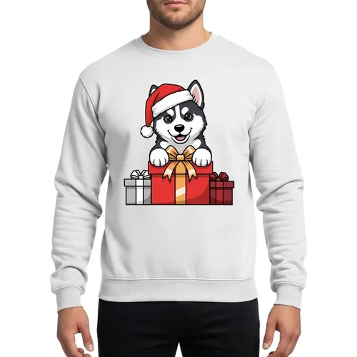 Dog Lovers' Cheerful Husky Puppy Red Santa Hat Festive Gift Boxes Charcoal Grey White Red Gold Silver Sweatshirt