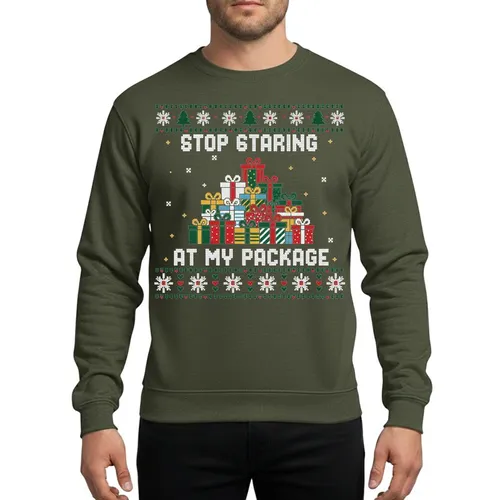 Holiday Party Goers' Retro 8-bit Pixel Art Christmas Gift Stack 'Stop Staring At My Package' Knit Style Sweatshirt