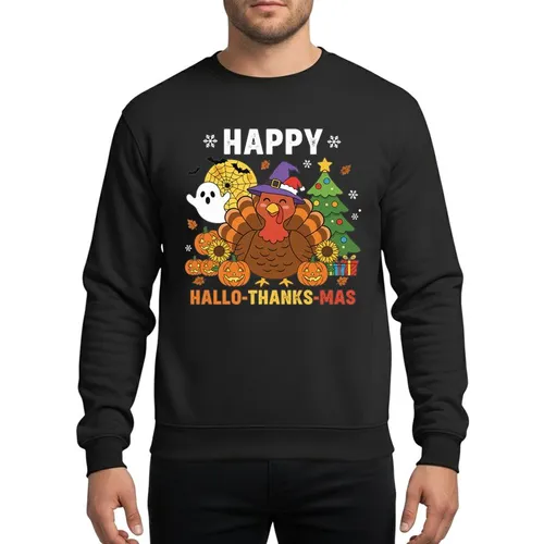 Holiday Enthusiasts' Cute Cartoon Hallothanksmas Turkey Ghost Tree Pumpkins Design Sweatshirt