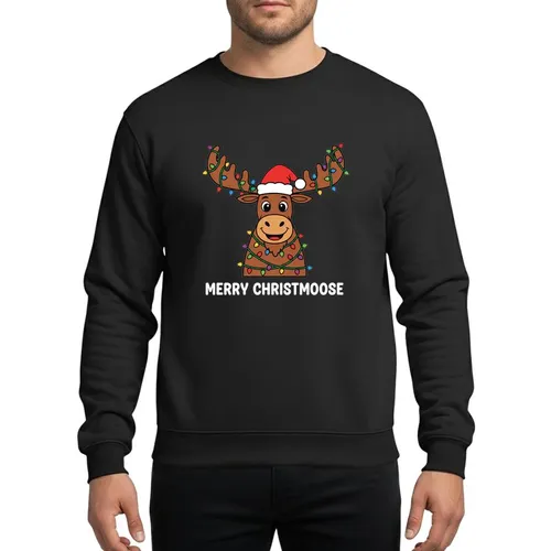 Christmas Lovers' Whimsical Cartoon Moose with Santa Hat & Multi-Color Lights 'MERRY CHRISTMOOSE' Sweatshirt