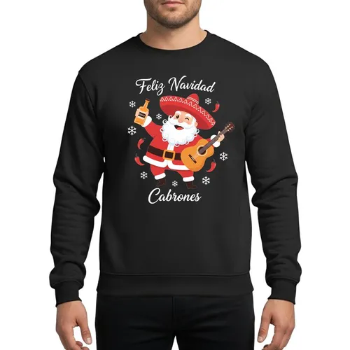 Festive Christmas Enthusiasts Winking Red Sombrero Santa, Tequila & Guitar Feliz Navidad Vector Art Sweatshirt