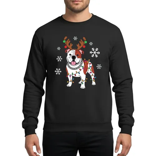 Dog Lovers' Festive American Bulldog Reindeer Antlers Vibrant Christmas Lights Digital Art Sweatshirt