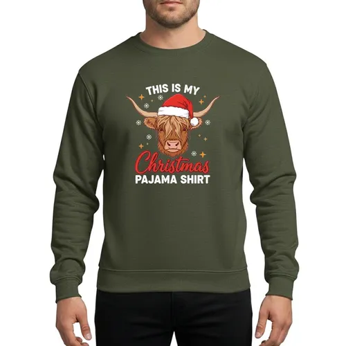 Highland Cow Fans' Rustic Christmas Red Santa Hat Brown Cow Flat Color Snowflakes Stars Cozy Text Art Sweatshirt