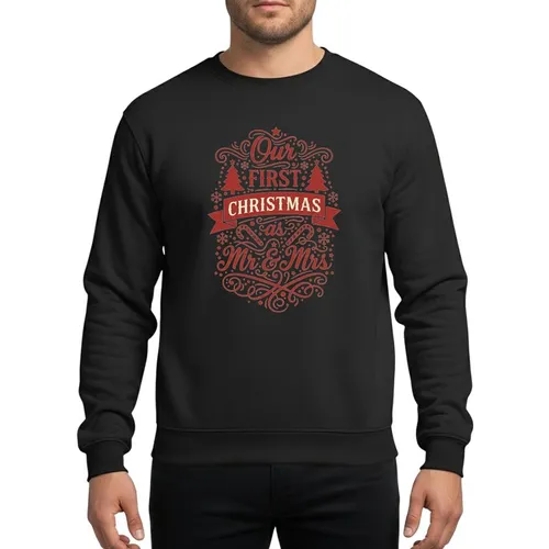Newlyweds' Ornate Red Mr & Mrs First Christmas Typographic Art with Tree & Candy Cane Motifs Sweatshirt