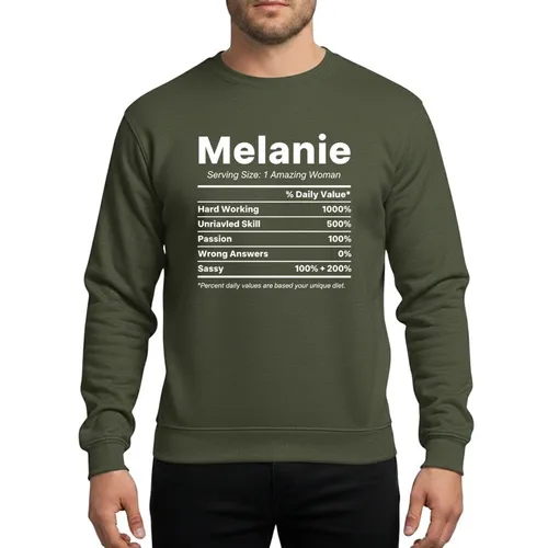 Women's Personalized Melanie Name White Text Nutrition Label Parody Vibrant Green Background Minimalist Typographic Sweatshirt