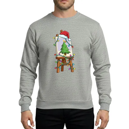 Christmas Painters' Warm Brown Easel Santa Hat Canvas Vibrant Green Tree Multicolor Christmas Lights Cartoon Sweatshirt