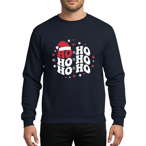 Christmas Lovers' Vibrant Red White Ho Ho Ho Wavy Stacked Text Santa Hat Stars Snowflakes Sweatshirt
