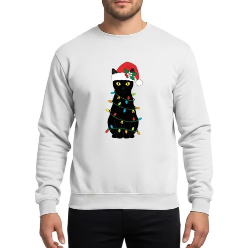 Cat Lovers' Black Cat Santa Hat Vibrant Christmas Lights Holly Berry Gold Bell Design Sweatshirt