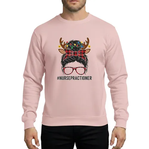 Nurse Practitioner Festive Messy Bun, Reindeer Antlers, Red Black Buffalo Plaid Christmas Lights Sweatshirt