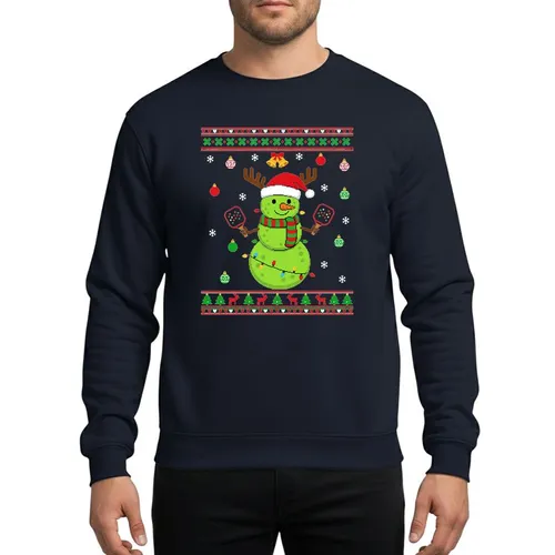 Festive Pickleball Fans' Lime Green Snowman, Red Santa Hat, Antlers, Multi-Color Lights, Ugly Christmas Sweater Style Sweatshirt