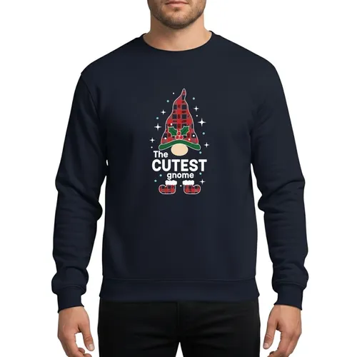 Family Christmas Lovers' Whimsical Red Black Buffalo Plaid Gnome Holly Berries 'The CUTEST gnome' Starry Black Sweatshirt