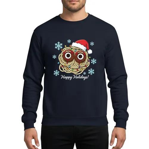 Holiday Humor Fans' Whimsical Creamy FSM, Red Santa Hat, Colorful Christmas Lights & Blue Snowflakes Sweatshirt