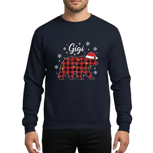 Gigi's Family Christmas Distressed Red Black Buffalo Plaid Bear Santa Hat Colorful Lights Snowflake Winter Scene Sweatshirt