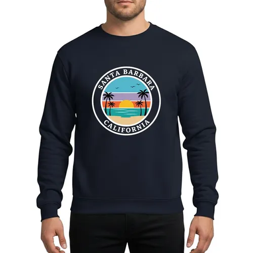 Coastal Lifestyle Fans' Santa Barbara California Retro Beach Sunset Palm Tree Silhouettes Flat Color Art Sweatshirt
