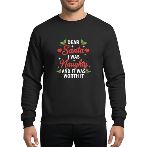 Christmas Humor Lovers' White Block Red Script Naughty Santa Quote Holly & Heart Accents Sweatshirt