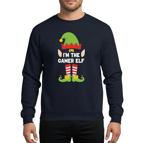 Christmas Gamers' Whimsical Elf Costume Elements, Pixel Gamepad, Striped Socks, Lime Green & Red Accents Sweatshirt