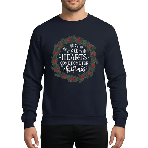 Holiday Family Lovers' Rustic White 'All Hearts Come Home' Script, Forest Green Holly Berry Christmas Wreath Sweatshirt