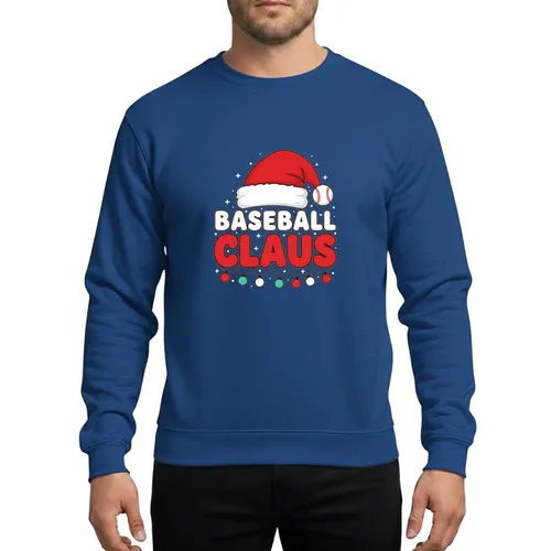 Baseball Fans & Festive Group Celebrators Vibrant Red Santa Hat Baseball Pom-pom, Bold White Baseball & Distressed Red Claus Typography, Red White Blue-Green Christmas Lights Sweatshirt