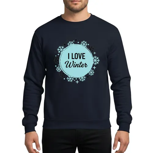 Winter Lovers' Light Blue Cyan Black Hand-Drawn 'I Love Winter' Circular Emblem Whimsical Snowflakes Stars Sweatshirt
