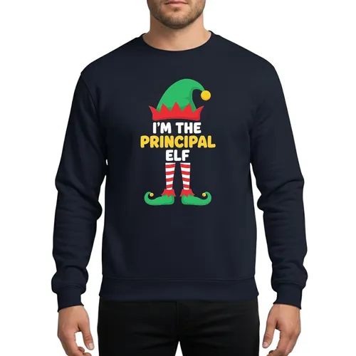 Family Christmas Group Whimsical Green Elf Hat Red Trim Yellow 'Principal Elf' Text Candy Cane Striped Legs Gold Bells Sweatshirt