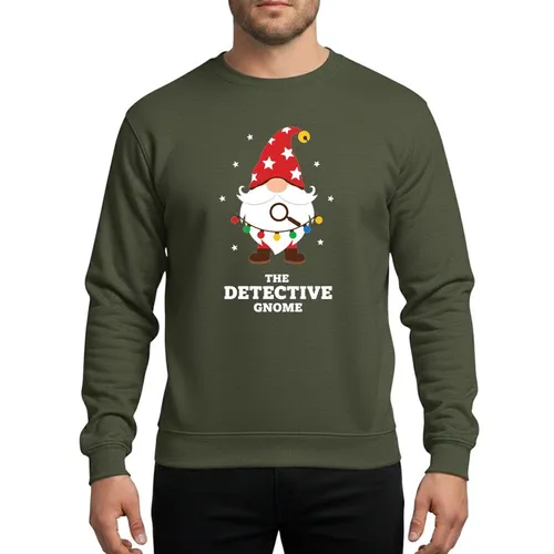 Family Holiday Enthusiasts' Whimsical Christmas Gnome Red Hat Yellow Bell Light String Magnifying Glass White Stars Sweatshirt
