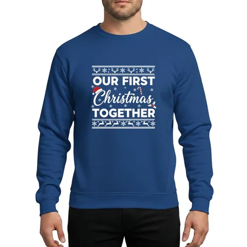 Newlyweds' White & Red 'OUR FIRST Christmas TOGETHER' with Santa Hat, Candy Cane, Holly, Snowflake, Antler & Reindeer Borders Sweatshirt