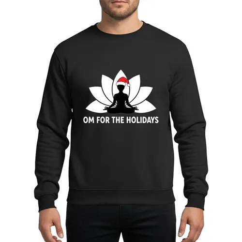 Mindful Holiday Celebrants White Lotus Black Meditating Figure Red Santa Hat 'OM FOR THE HOLIDAYS' Design Sweatshirt