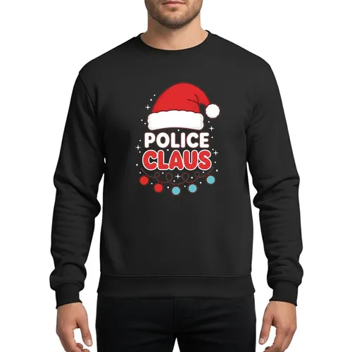 Festive Holiday Fans' Vibrant Red Santa Hat White Trim, Bold White POLICE, Distressed Red CLAUS, Red & Blue Christmas Lights Sweatshirt