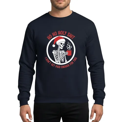 Humorous Holiday Fans' Distressed Hand-Drawn White Skeleton Red Santa Hat Steaming Mug Circle Design Sweatshirt