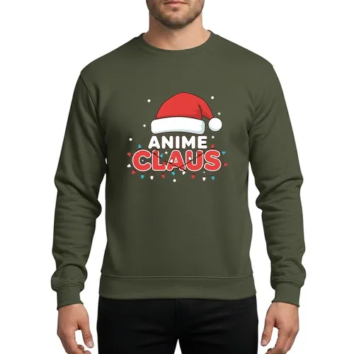 Holiday Anime Enthusiasts' Red Santa Hat Bold White ANIME Faux-3D Red CLAUS Text Festive Lights Graphic Sweatshirt