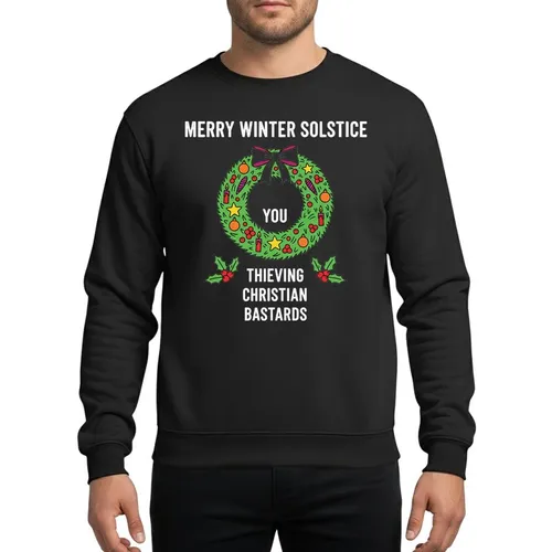 Alternative Holiday Celebrators Distressed White Merry Winter Solstice Wreath & Holly Graphic Magenta Art Sweatshirt