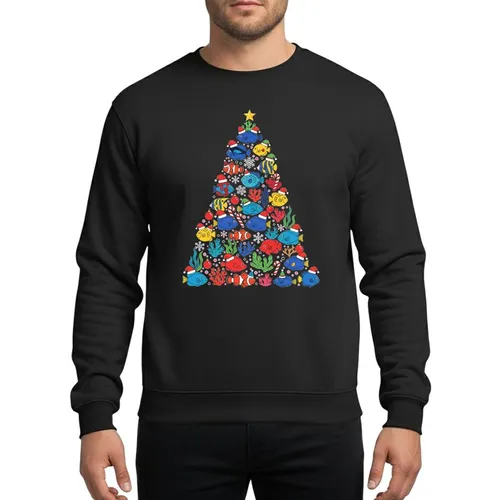 Aquarium & Ocean Lovers' Whimsical Tropical Fish Christmas Tree, Santa Hat Fish, Coral & Candy Cane Festive Art Sweatshirt