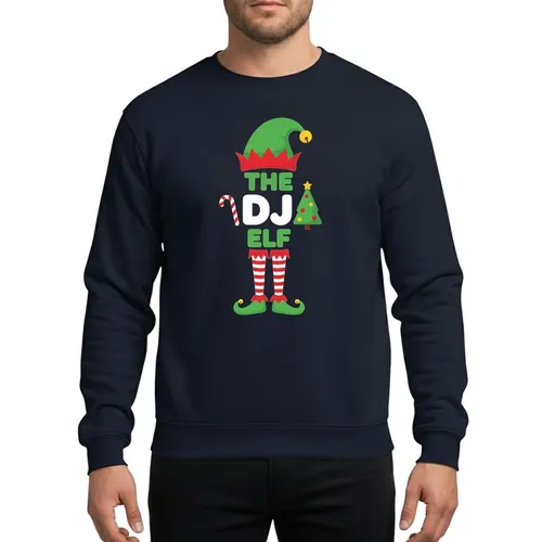 Christmas Enthusiasts' Festive Flat Green DJ Elf Hat Yellow Bell Candy Cane Christmas Tree Striped Elf Legs Design Sweatshirt