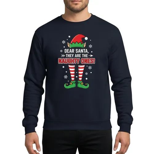 Holiday Fun Lovers' Humorous Red Green White Elf Hat Naughty Ones Striped Legs Cartoon Sweatshirt