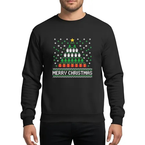 Christmas Enthusiasts' Pixel Art Ugly Christmas Sweater Tree with White Snowmen, Green Trees, Red Gifts, Yellow Star, and Merry Christmas Text Sweatshirt
