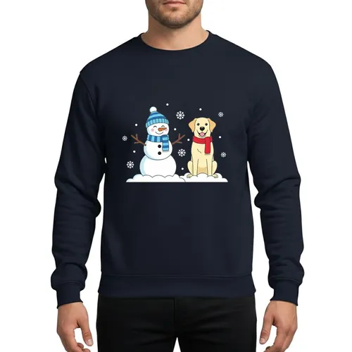 Dog Lovers' Whimsical Golden Labrador & Snowman Winter Snowflakes Blue Red Design Sweatshirt