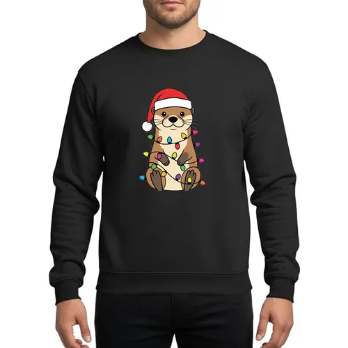 Holiday Fans' Charming Cartoon Otter, Red Santa Hat, Creamy Face, Tangled Vibrant Multi-Color Christmas Lights, Bold Flat Color Style Sweatshirt