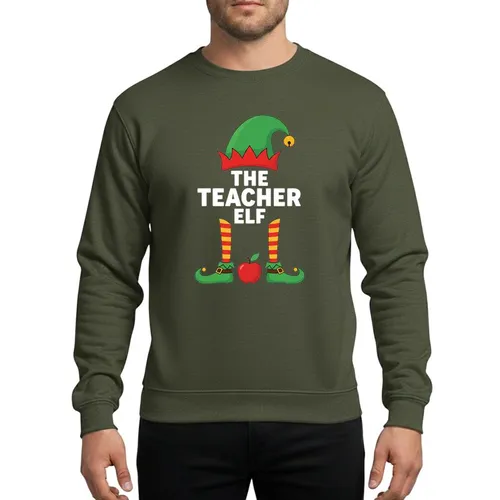 Teachers' Whimsical Christmas 'THE TEACHER ELF' Text Green Hat Red Gold Striped Legs Apple Sweatshirt