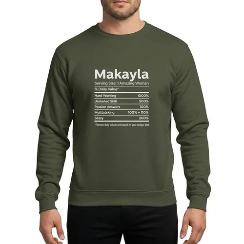 Women's Personalized Makayla Humorous Nutrition Facts Label Parody Light Grey Text on Vibrant Green Sweatshirt