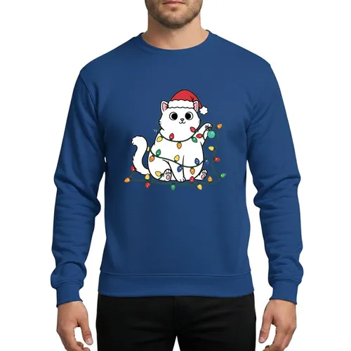 Cat Lovers' Whimsical White Cat in Red Santa Hat with Vivid Rainbow Christmas Lights Artwork Sweatshirt