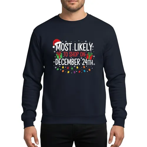 Holiday Humor Fan White Red Green Christmas Shopping Script Santa Hat Gift Boxes Festive Lights Snowflakes Sweatshirt