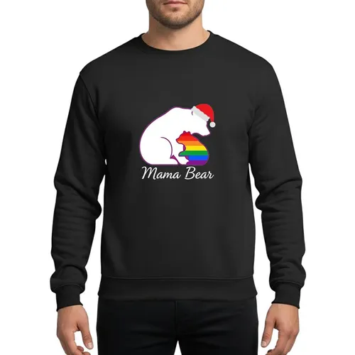 Moms' White Mama Bear Rainbow Horizontal Striped Cub Christmas Santa Hat Design Sweatshirt