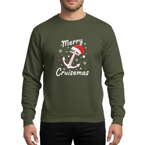 Holiday Cruise Enthusiasts Hand-Drawn White Nautical Anchor Red Santa Hat Merry Cruisemas Script Snowflakes Sweatshirt