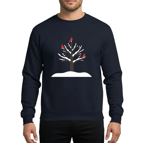 Winter Holiday Lovers' Minimalist Snowy Bare Tree, Three Vibrant Red Cardinals Design Sweatshirt